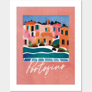 Abstract Portofino Architecture Travel Poster Retro Wall Art Illustration Posters and Art